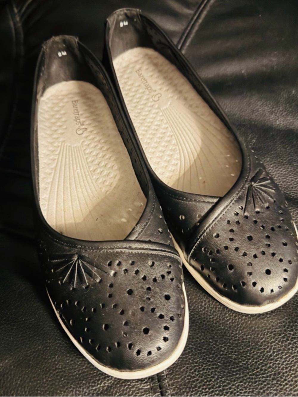 BareTraps Black Perforated Ballet Flats with Ivory Trim